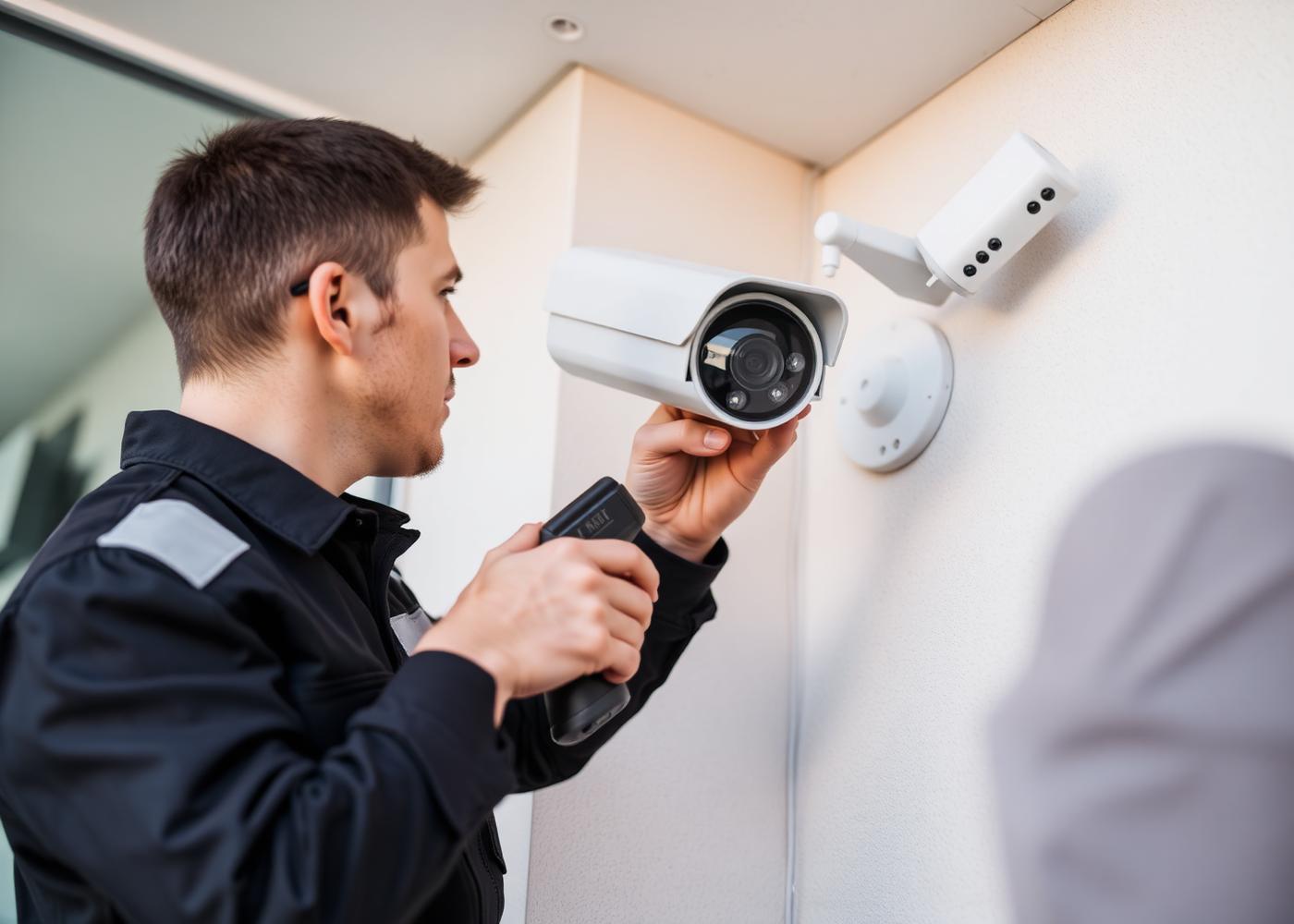 Technician installing a CCTV camera