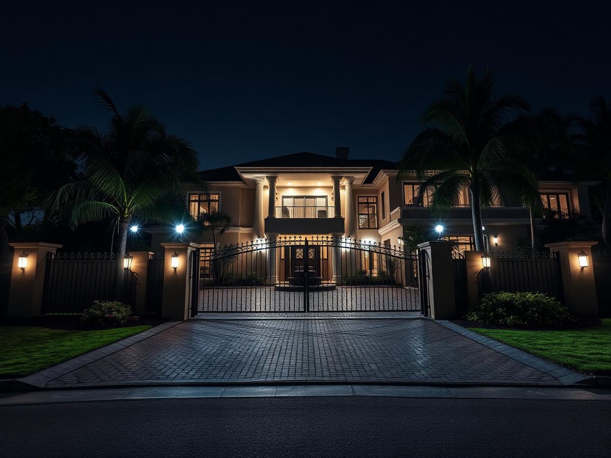Luxury home with security lighting at night